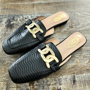 Tod's Gold Chain Mules, Black Leather, Made in Italy, Women's Size 40